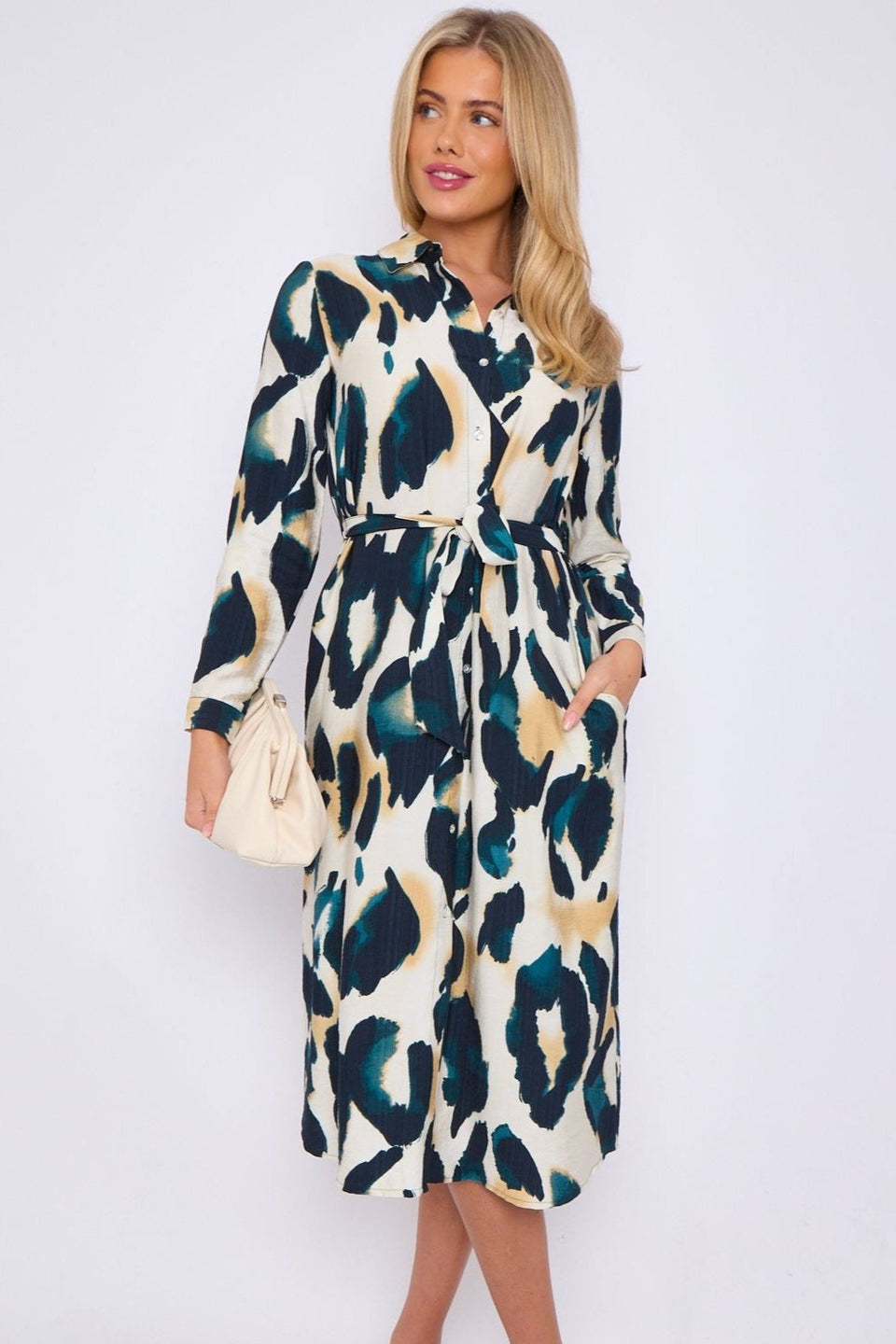 Ella Emerald leopard print textured midi shirt dress