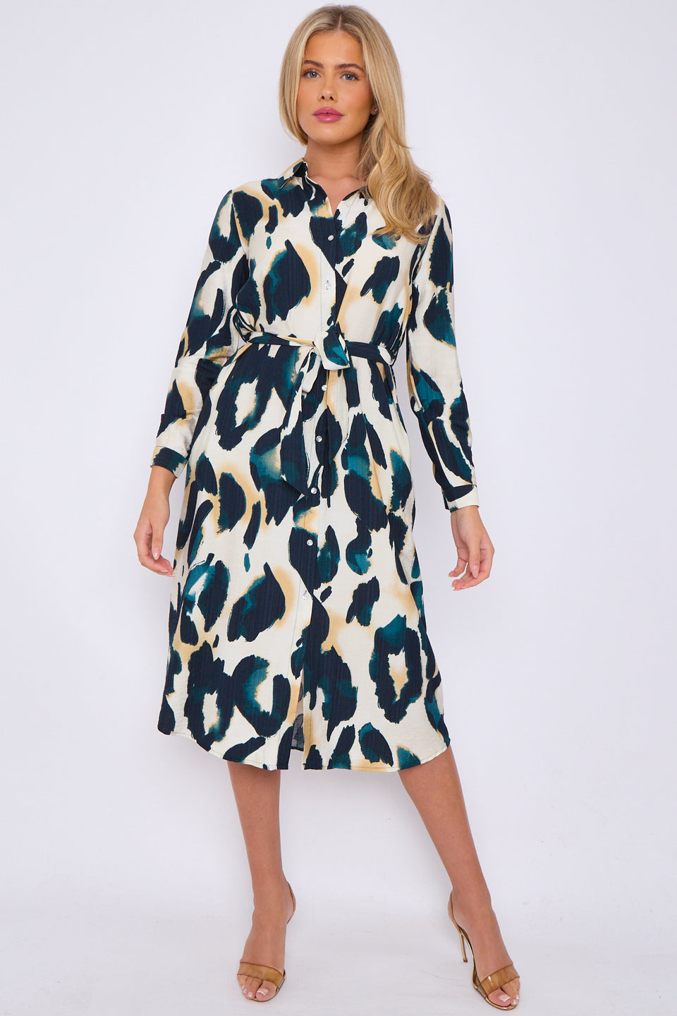 Ella Emerald leopard print textured midi shirt dress