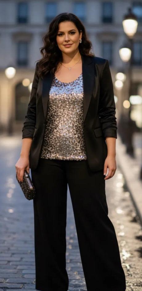 The Sylvannah lined Sequined Tank Top Black & Silver