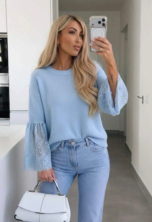 The Monica Sweater lace sleeve Blue