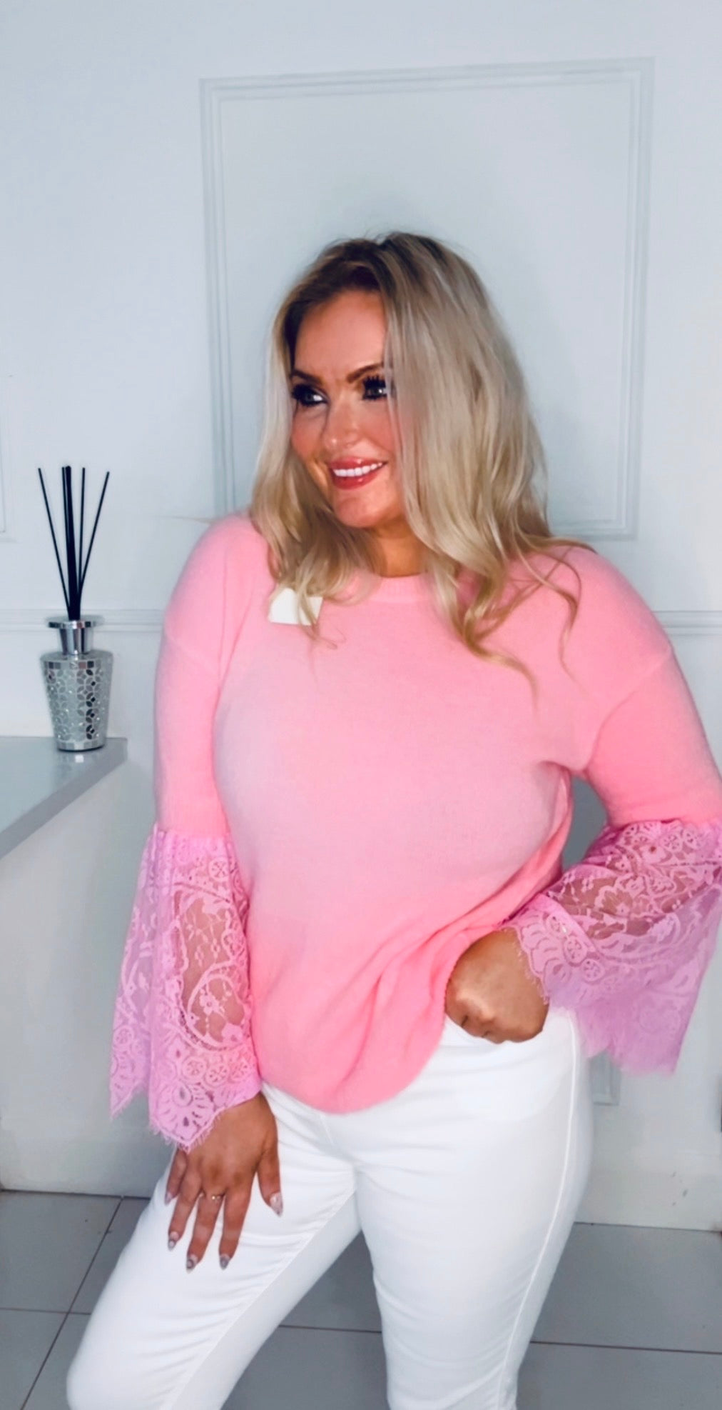 The Monica Sweater lace sleeve pink