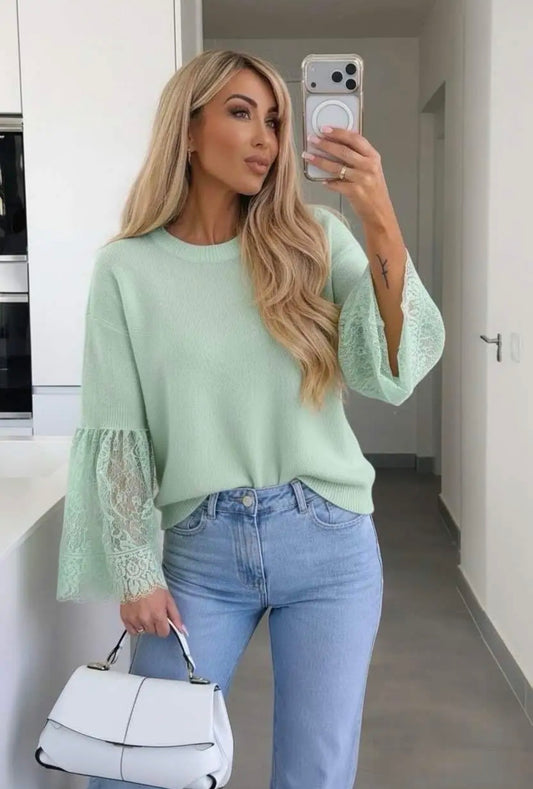 The Monica Sweater lace sleeve Green