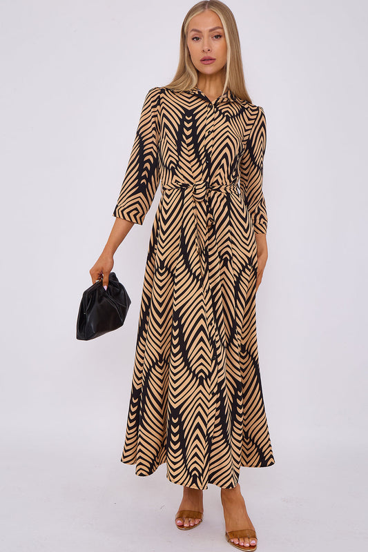 Lacey Chevron Print Dress with Pockets and belt