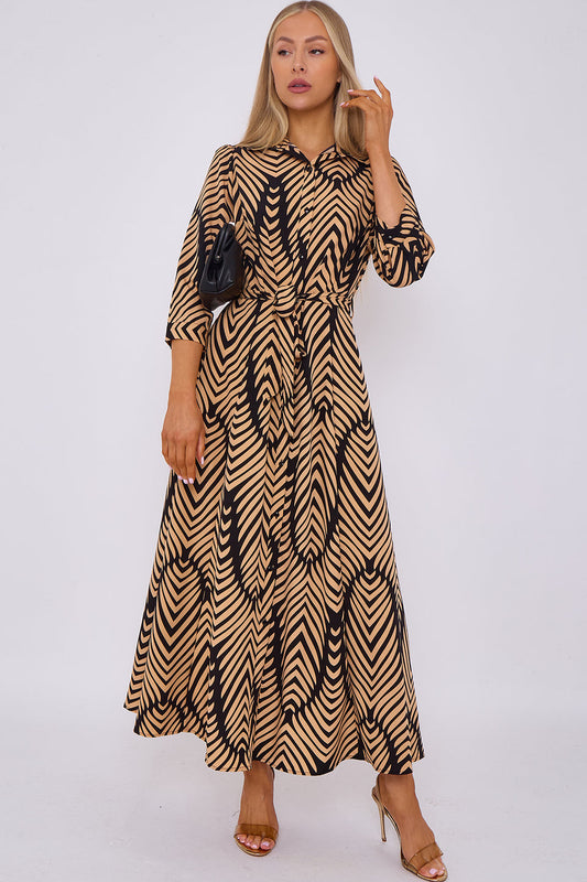 Lacey Chevron Print Dress with Pockets and belt