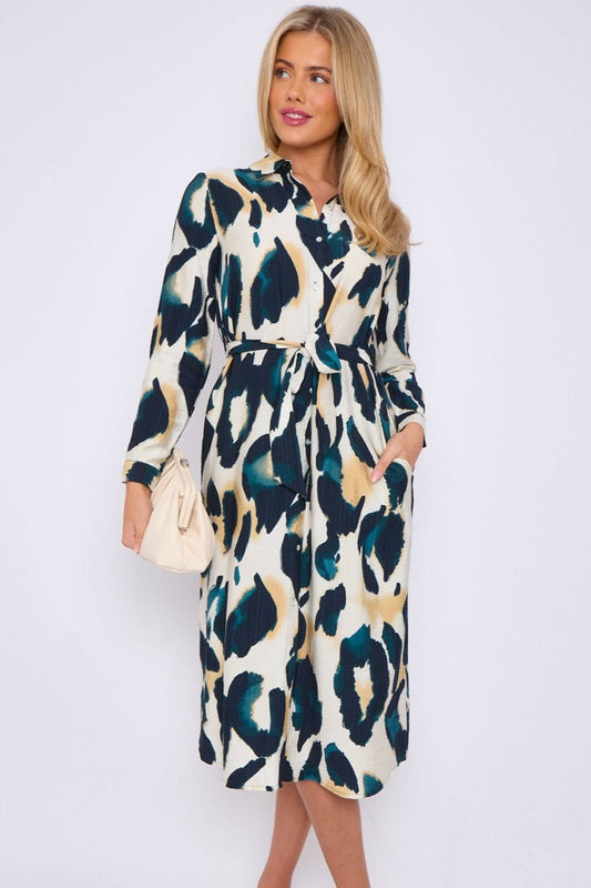 Ella Emerald leopard print textured midi shirt dress
