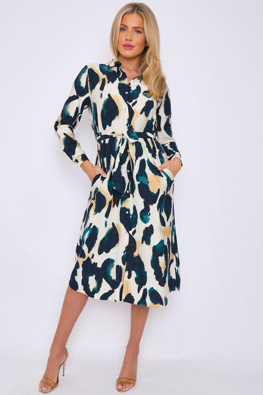 Ella Emerald leopard print textured midi shirt dress